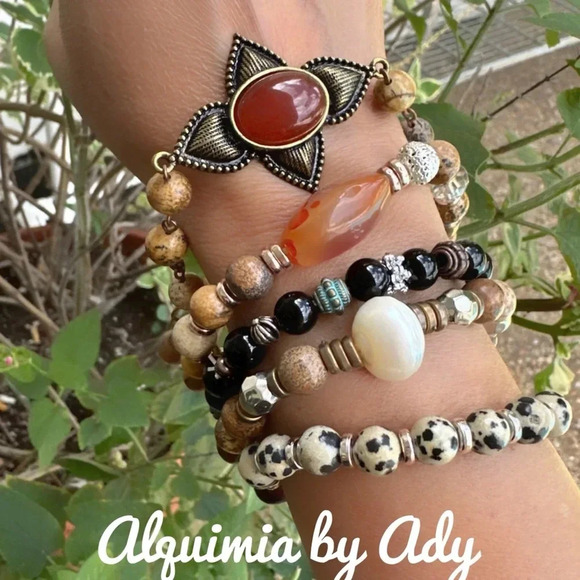 Vintage handmade rosary link adjustable multi charm picture jasper bracelet - Picture 3 of 6